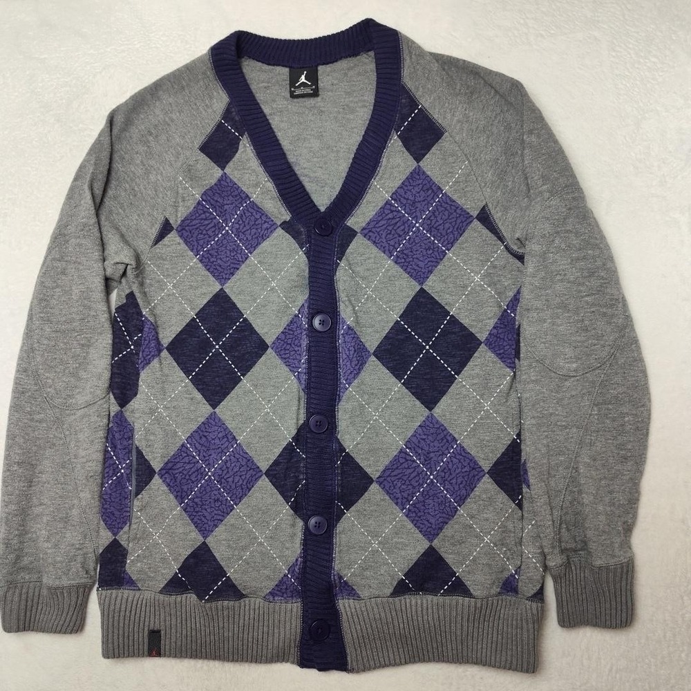 Jordan Cardigan Sweater Mens M Gray V-Neck Argyle Button Pockets Tight-Knit